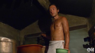 Wet naked man in sauna talking about vintage bathhouse, stripping, washing and masturbating