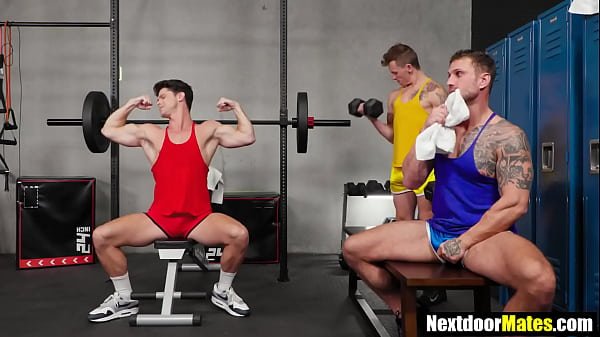 Gay hunks working out and fucking in gym toilet